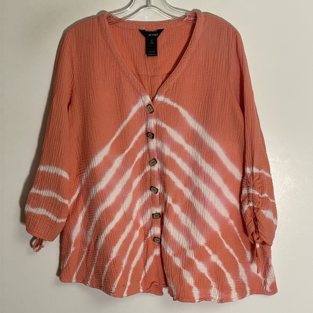 Ali Miles Top Womens Medium Orange Tie Dyed Striped Gauzy Textured Rutched Coast
